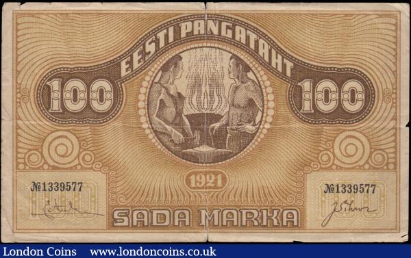 Estonia Eesti Vabariigi 100 Marka Pick 56a dated 1921 serial number 1339577, about Fine and a Scarce note. Brown featuring 2 blacksmiths with anvil and forge at centre on obverse and the Bank's monogram at centre on reverse. Watermark variety with light horizontal lines. : World Banknotes : Auction 171 : Lot 106