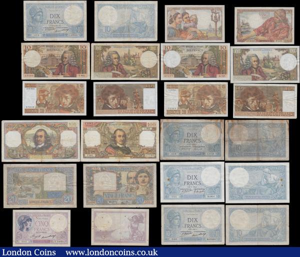 France (31) in various grades average about VF - GVF to EF and including various denominations - 5 to 200 Francs and dates ranging from early 1900's to modern. Also includes a Scarce World War I Trésorerie aux Armées 1 Franc Pick M2 ND 1917 issue Redeemable prior the end of the 2nd year after the end of hostilities ("...2e année qui suivra la cessation des hostilités") series B number 0423998 and printed by Imprimerie National : World Banknotes : Auction 171 : Lot 115