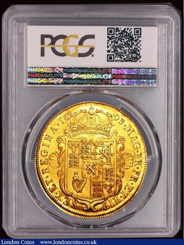 Five Guineas 1693 S.3422 Obverse conjoined busts of joint monarchs right.  GVLIELMVS ET MARIA DEI GRATIA.  Reverse, crowned garnished square topped arms, lion of Nassau in centre. Edge year QVINTO in raised letters on edge, in a PCGS holder and graded MS62, with Prooflike and brilliant fields, a piece with remarkable eye appeal, the bust and reverse design lightly frosted, retaining much mint lustre, must surely be one of the finest known examples of this short series. At the time of writing, the PCGS Population report shows one example graded MS62+ and another at MS63 being the only finer examples. Across the entire William and Mary series combining all Five Guinea dates and varieties, only 4 examples have been graded higher by PCGS. and in August 2020 an example dated 1692 and graded MS63 by PCGS realised $384,000 in Heritage, and is now being offered for private treaty sale at $499,000, and we can tell you that that the difference in grade between MS62 and 63 is negligible. William and Mary were spouses who reigned over the kingdoms of England, Scotland and Ireland. They began their joint reign in February 1689 after they were offered the throne by the Convention Parliament. James II (Mary’s father) had fled the country and William and Mary occupied what was in effect a vacant throne.  They were the first joint rulers in England for over 800 years, although Philip II and Mary I had appeared on English coinage together.  Mary was to reign until her death from smallpox in December 1694 and William continued his rule alone, until his death in March 1702. The reign of William and Mary was brief and their coins are relatively scarce.  : English Coins : Auction 171 : Lot 1363
