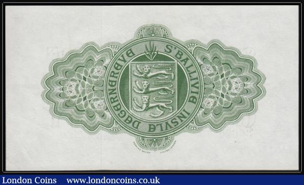Guernsey 1 Pound Pick 43c (GU 33b) a LAST date for type 1st July 1966 signature Guillemette serial number 47/M 0620, GVF . A Perkins Bacon Limited print in purple on green underprint vignette with a view of  St. Peter Port, Castle Cornet at upper centre. The reverse displaying a green guilloche panel with Guernsey's Coat of Arms and motto at centre. : World Banknotes : Auction 171 : Lot 143