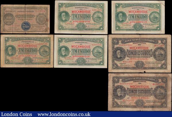 Mozambique early pre 1950's issues (7) in the mid grade Fine-VF and rarely seen notes comprising 50 Centavos Pick 55a 5th November 1914 series 2017424 counterfoil type and blue seal on obverse short sea LISBOA (SCWPM Type II). 1 Escudos Pick 66b  dated 1st January 1921 without decreto (4) series 4478634, 4521618, 4544425 and 677762. Also 5 Escudos Pick 83a dated 1st September 1941 with Decreto No. 17154 (2) series B360908 and B2561092. A collectible group these early issues rarely appear in higher grades : World Banknotes : Auction 171 : Lot 196