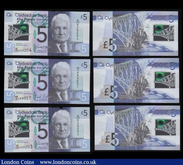 Scotland Bank of Scotland £50 1 August 2011, £20 17th September 2007, £5 19th January 2009 (2), Clydeside Bank £5 13th Debruary 2016 (3) consecutives all Unc : World Banknotes : Auction 171 : Lot 217