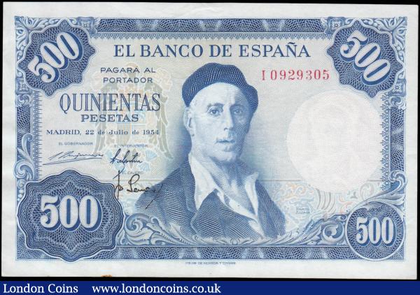 Spain 500 Pesetas Pick 148 dated 22nd July 1954 (1958) serial number I 0929305, crisp EF minor pinhole, very small marginal rust and the highest denomination for this date issue : World Banknotes : Auction 171 : Lot 229