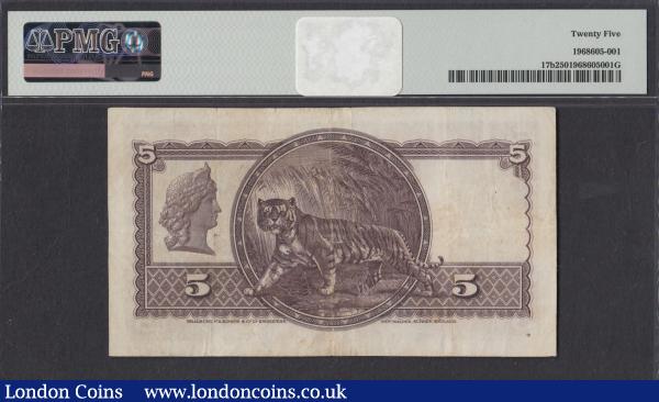 Straits Settlements 5 Dollars Pick 17b dated 1st January 1935 George V & Tiger series B/29 57290 PMG 25 Very Fine : World Banknotes : Auction 171 : Lot 230