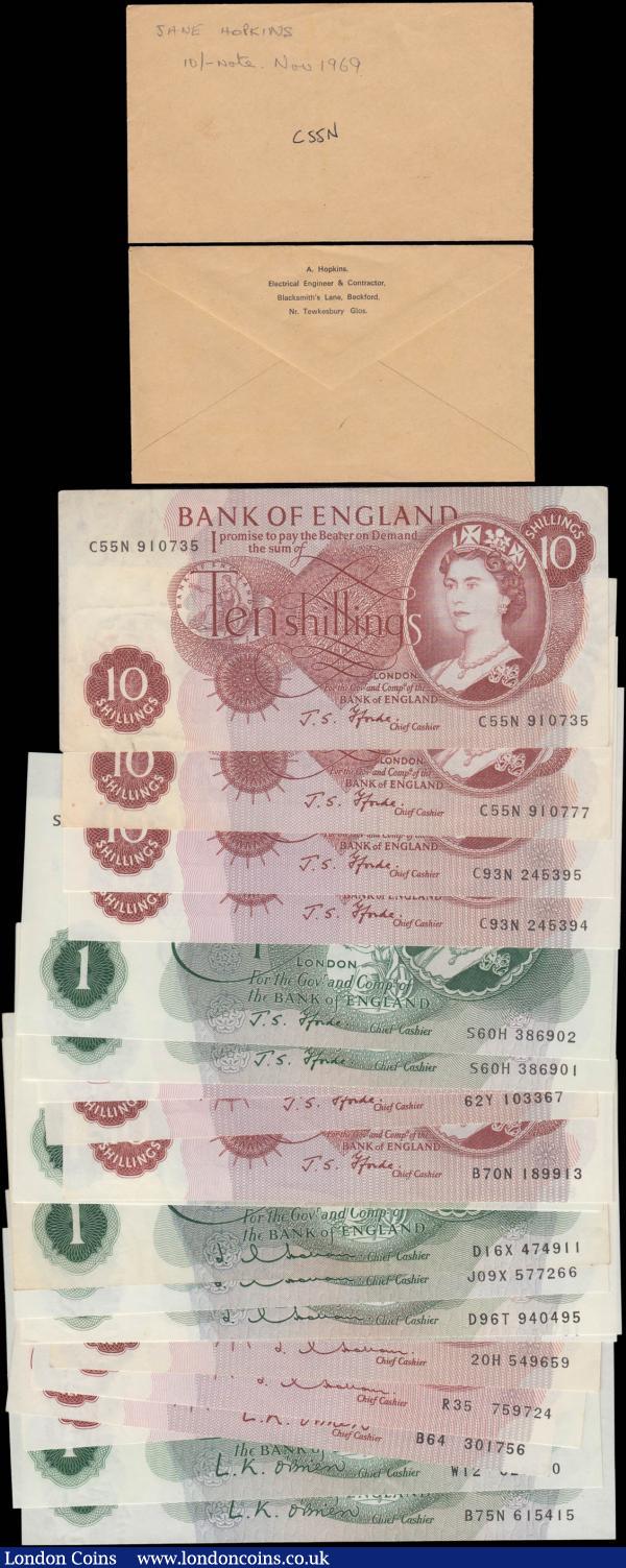 Bank of England Fforde, Hollom & O'Brien QE2 portrait & seated Britannia issues (21) in various high grades GVF-EF to about UNC - UNC comprising O'Brien (4) including 10 Shillings B286 issue 1961 (2) prefixes D14 and B64 along with 1 Pounds issue 1960 (2) B281 prefix W12 and B284 prefix B75N. Hollom 1963 issues (8) including 10 Shillings (2) B294 prefix R35 and B295 prefix 20H along with 1 Pounds (6) including B288 (4) prefixes D16X, a consecutive pair D19U and J09X and the G (Goebel printing) Reverse (2) prefixes D69T and LAST series L18X with obverse design slightly offset. And Fforde issues 1967 (9) including 10 Shillings (7) consisting of B310 (6) prefixes B70N, C25N, C55N (2) and a consecutive pair C93N along with B309 prefix 62Y. Also 1 Pounds B305 (2) consecutive pair prefix S60H. Some of the 10 Shillings Fforde accompanied by a vintage letter from A. Hopkins, Electrical Engineer & Contractor. : English Banknotes : Auction 171 : Lot 25