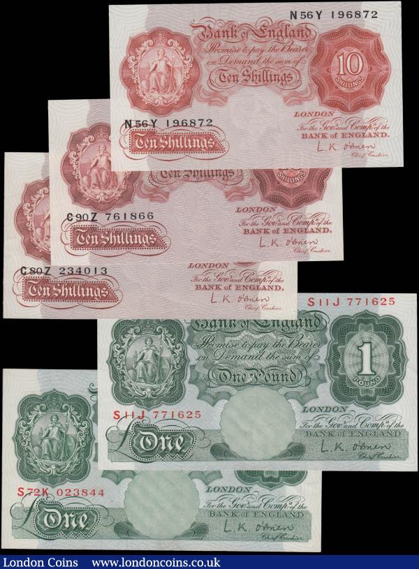Bank of England O'Brien & Hollom 1955-63 issues (11) in various high grades about EF - GEF to about UNC - UNC comprising O'Brien 10 Shillings B271 Red-Brown Britannia medallion (3) serial numbers C80Z 234013, C90Z 761866 and N56Y 196872. Together with 1 Pounds B273 Green Britannia medallion (2) serial numbers S72K 023844 &  S11J 771625. Along with Hollom Ten Shillings QE2 portrait & seated Britannia B294 issues 1963 (6) serial numbers R36 275057, S38 256914, T22 039318, U27 057103, W77 029256 and X32 216813 : English Banknotes : Auction 171 : Lot 26