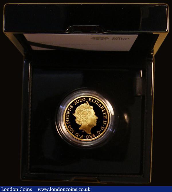 One Hundred Pounds 2020 (Pop Group) Queen - Rock Royalty, One Ounce Gold Proof, this impressive coin features an innovative reverse design, including an arrangement of each of the instruments played by each band member, the reverse design personally approved by band members Brian May and Roger Taylor, FDC in the Royal Mint box of issue with certificate and informative booklet. Certificate number 233 of just 350 minted, with just 300 in this presentation format. All the Queen gold coins stated to be sold out or reserved on the Royal Mint website, a 'must have' for the modern gold collector and for the discerning rock fan alike : English Cased : Auction 171 : Lot 320