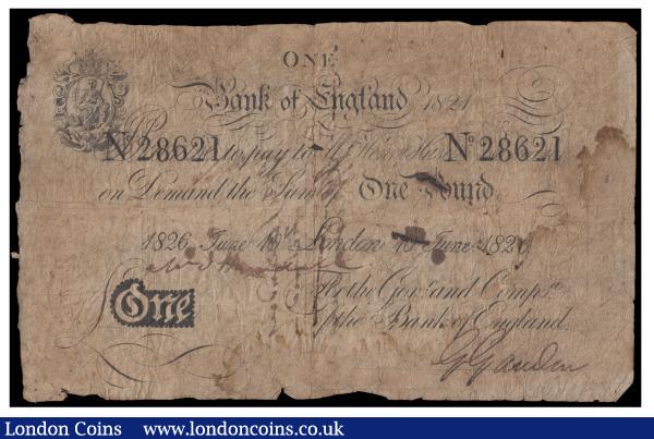 One Pound Henry Hase 10 June 1826 serial No. 28621 B201c Very Good : English Banknotes : Auction 171 : Lot 33