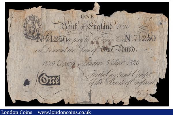 One Pound Henry Hase 5th Sept 1820 serial No. 17250 B201b Poor Ex Spink Auction 19068 Lot 3362 Poor : English Banknotes : Auction 171 : Lot 35