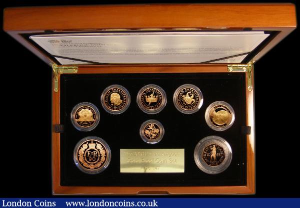 The 2016 United Kingdom Gold Proof Set an 8-coin set comprising Five Pound Crown 2016 Queen Elizabeth II 90th Birthday, Two Pounds (5) 2016 350th Anniversary of the Great Fire of London, 2016 World War I - The Army, William Shakespeare 2016 Comedy - All the World's a Stage, William Shakespeare 2016 Tragedy - What a Piece of Work is a Man, William Shakespeare 2016 History - The Hollow Crown, One Pound 2016 The last Round Pound, Fifty Pence 2016 950th Anniversary of the Battle of Hastings all struck in gold an impressive set nFDC-FDC with hints of very light toning in places, in the Royal Mint wooden box of issue with certificate and booklet , number 023 of just 150 sets issued : English Cased : Auction 171 : Lot 406