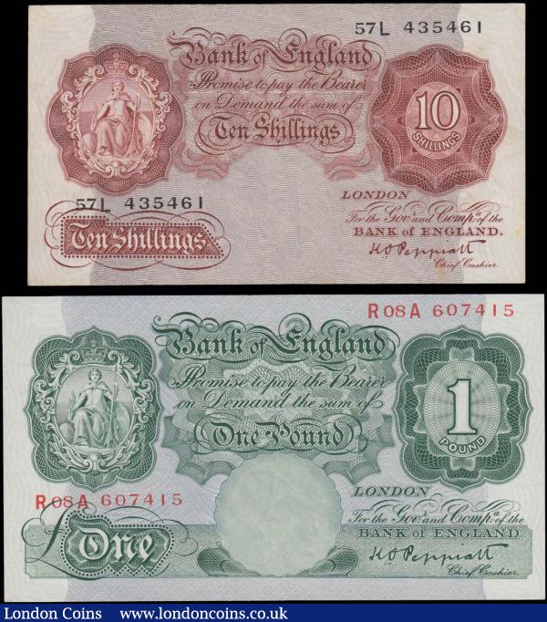 Bank of England Peppiatt Third Period Britannia medallion issues 1948 (2) comprising 10 Shillings B256 Red-Brown Unthreaded issue serial number 57L 435461, VF and 1 Pound B258 Green Unthreaded issue serial number R08A 607415, about UNC - UNC. : English Banknotes : Auction 171 : Lot 49