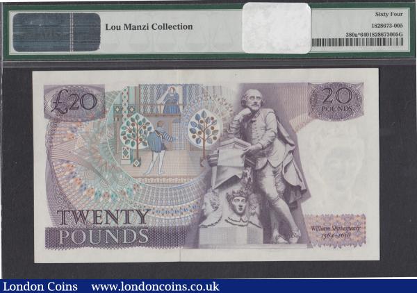 Twenty Pounds Fforde QE2 pictorial & William Shakespeare B319 Purple Replacement prefix M01 only issue 1970 series M01 020172 PMG Choice Uncirculated 64 desirable thus Ex Lou Manzi Collection : English Banknotes : Auction 171 : Lot 59