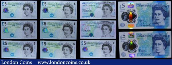 Bank of England 5 Pounds (14) all about UNC - UNC comprising Gill (2) B357 issue 1990 serial number J49 563367 and B353 issue 1988 serial number RH64 338668. Somerset B343 issue 1980 serial number EX47 620751. Kentfield B364 issue 1993 serial number DB81 427195. Bailey B398 issues 2004 (4) including a consecutive pair serial numbers JD01 755363 & JD01 755364, along with JE18 776671 and KK63 341774. Cleland Polymer B414 issue 2016 (2) consecutive pair serial numbers AK55 362146 & AK55 362147.  Salmon B407 issue 2012 (3) a consecutively numbered trio serial numbers LK80 438379 - LK80 438381. The lot also comes with a 10 Shillings Fforde QE2 portrait & seated Britannia B311 Replacement issue 1967 serial number M75 742042 : English Banknotes : Auction 171 : Lot 69