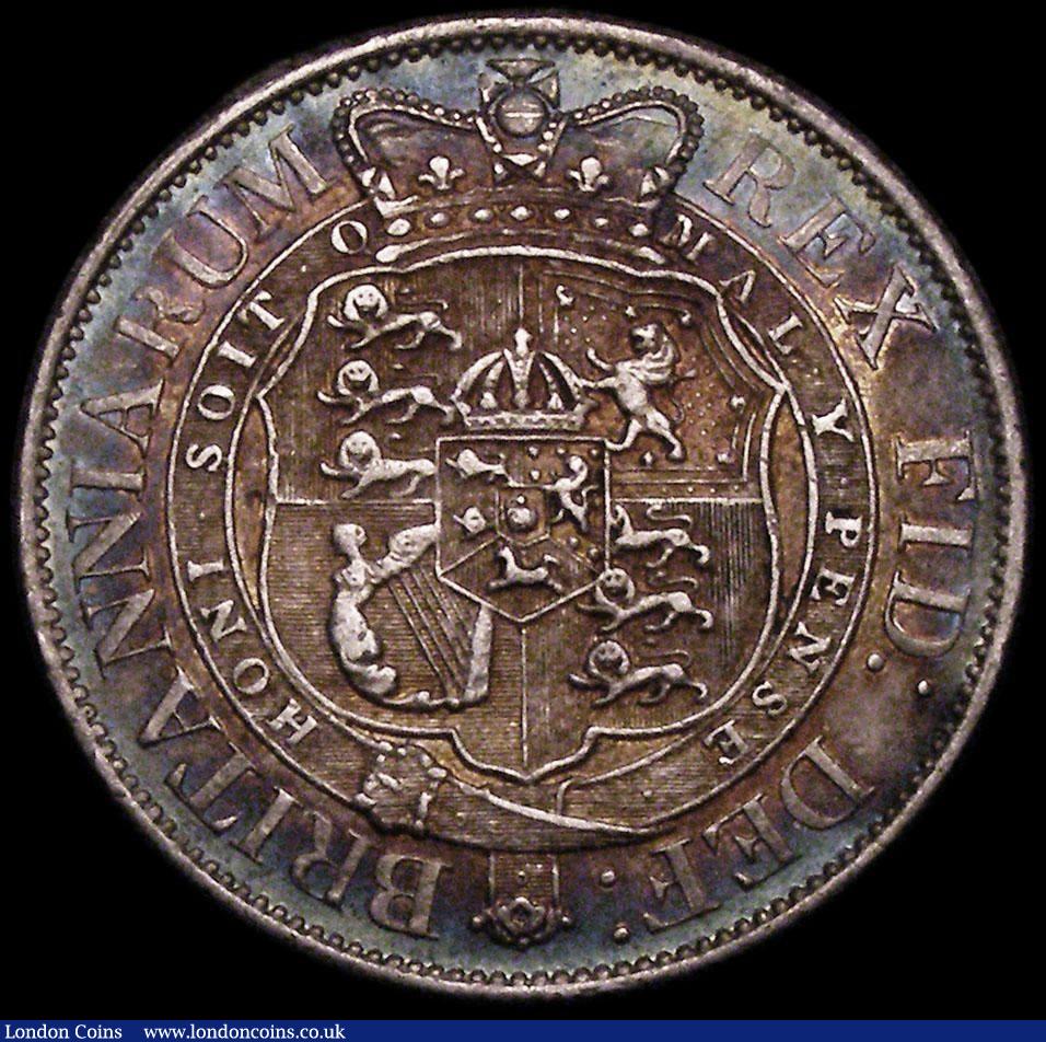 London Coins : A172 : Lot 1027 : Halfcrown 1818 ESC 621, Bull 2099 NEF and colourfully toned, with some contact marks