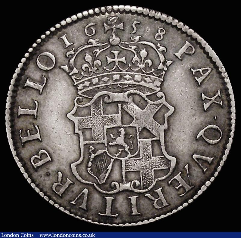 London Coins : A172 : Lot 1182 : Shilling 1658 Cromwell ESC 1005, Bull 254 with swan countermark below the bust, 5.98 grammes Near VF...