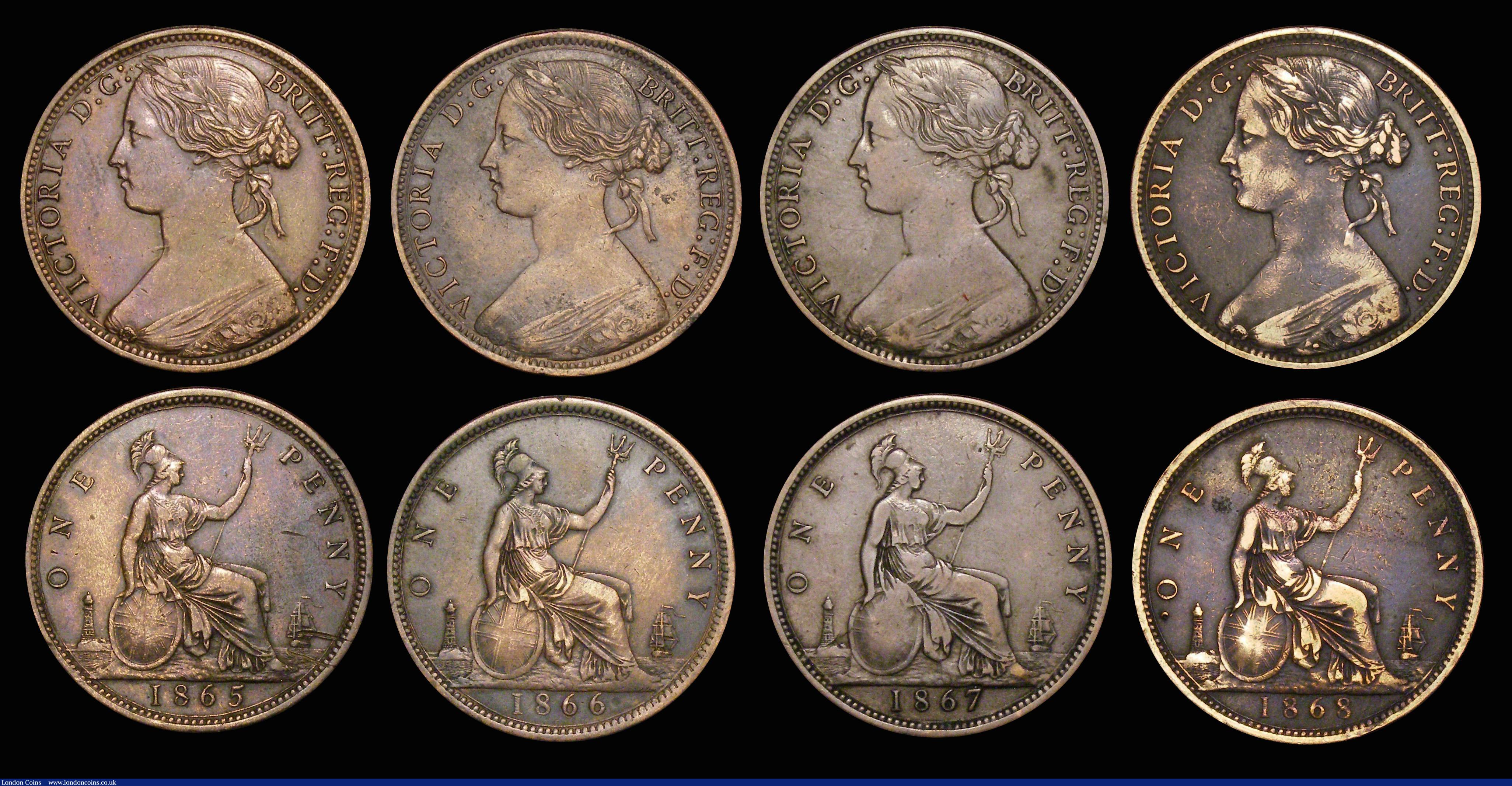 London Coins : A172 : Lot 1593 : Pennies (8) 1860 Toothed Border Freeman 13 dies 3+D Good Fine, cleaned, 1861 Freeman 33 dies 6+G Fin...