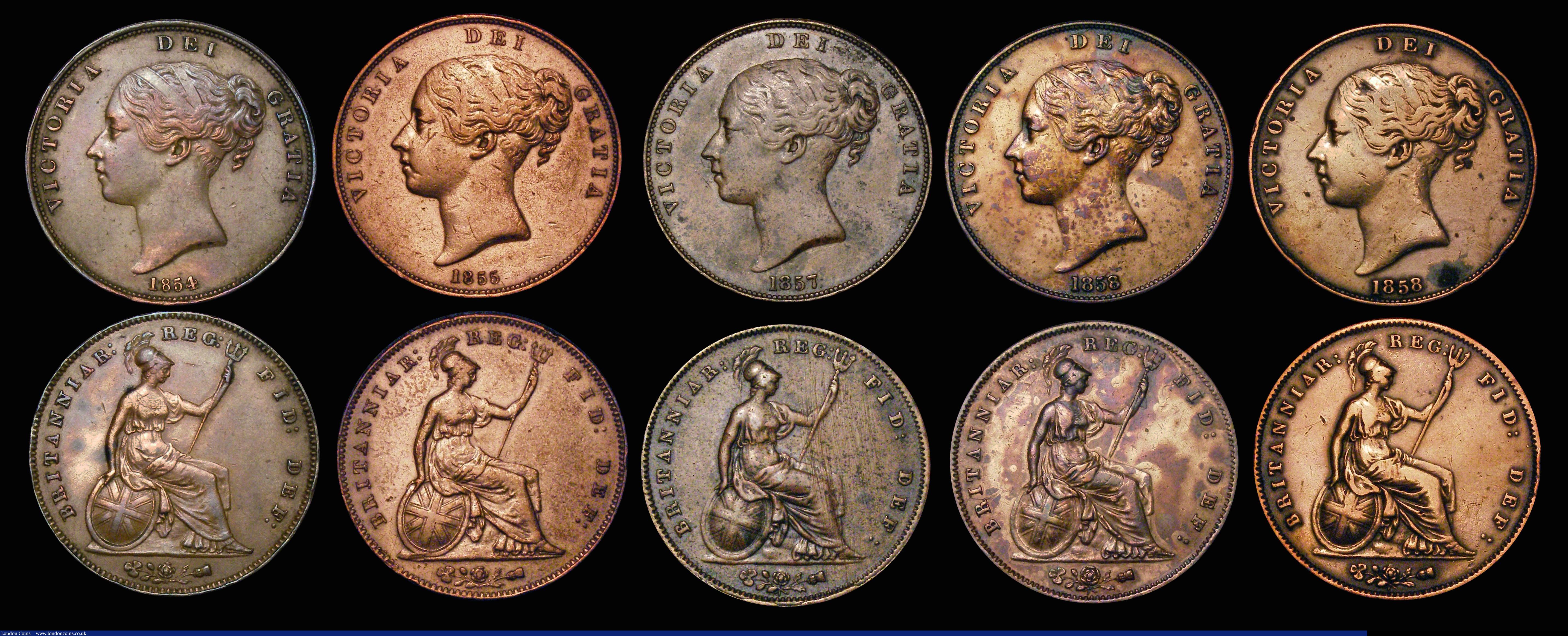 London Coins : A172 : Lot 1598 : Penny 1858 Large Rose, Small date with WW unlisted by Peck NVF/GF cleaned, as part of a group of Pen...