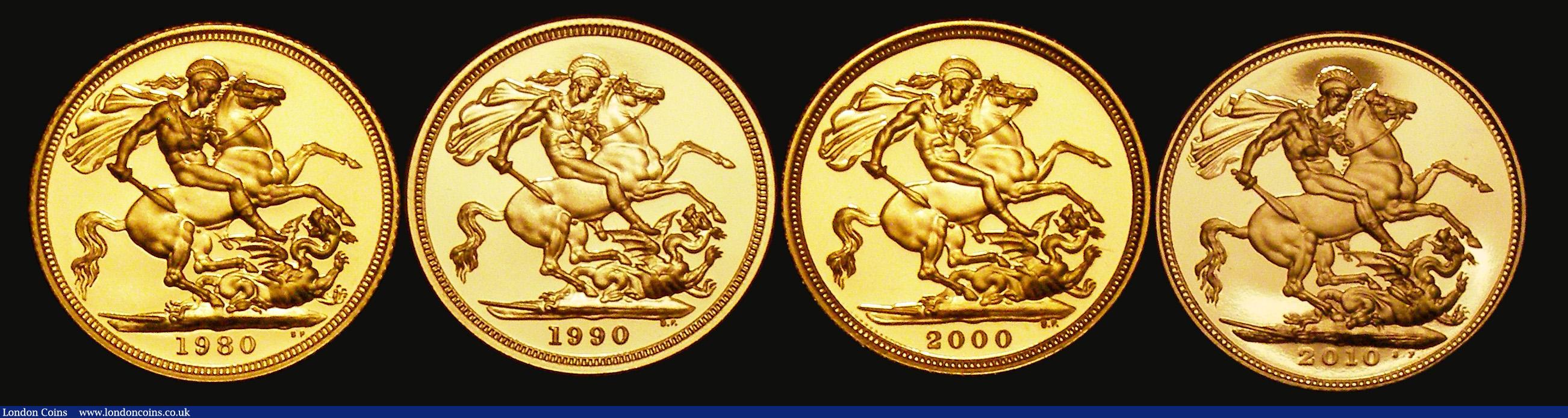 London Coins : A172 : Lot 323 : Sovereigns (4) 1980, 1990, 2000 and 2010 Proof FDC in Westminster's Decades Sovereign Collectio...