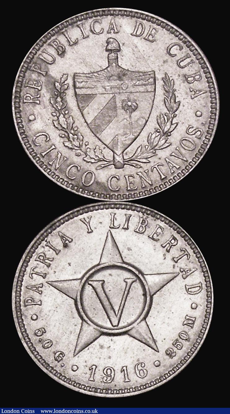 London Coins : A172 : Lot 546 : Cuba (2) 5 Centavos 1916 KM#11.1 UNC with some flecks of toning, 1 Centavo 1916 KM#9.1 with some res...