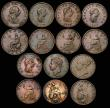 London Coins : A172 : Lot 1569 : Halfpennies (14) 1718 First N in BRITANNIA double struck, Fine, 1752 Peck 882 Fine, 1770 Peck 893 (2...