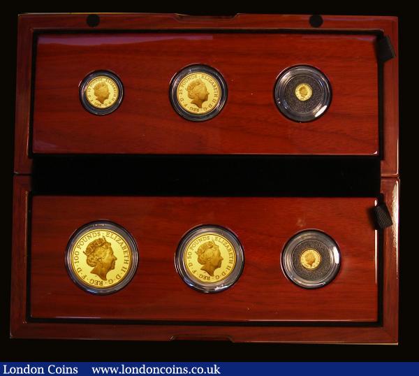 Britannia Gold Proof Set 2018 a 6-coin set S.PGB50 comprising Gold £100 One Ounce, Gold £50 Half Ounce, Gold £25 Quarter Ounce, Gold £10 One Tenth Ounce, Gold One Pound 1/20th Ounce and Gold Fifty Pence 1/40th Ounce FDC in the Royal Mint box of issue with certificate number 106, issue limited to 220 sets (This set listed incorrectly in the Spink catalogue as being £100 to One Pound) : English Cased : Auction 172 : Lot 198