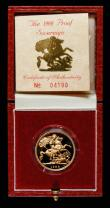 London Coins : A172 : Lot 314 : Sovereign 1988 Proof S.SC2 nFDC/FDC the obverse lightly toned, in the Royal Mint box of issue with c...