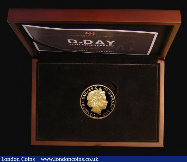 Guernsey Five Pounds 2019 D-Day 75th Anniversary One Ounce 24 carat Gold Proof, Reverse: Cromwell Tank Mark IV, Horsa glider and Landing Craft Assault in full colour imposed on a background of the landing sites with legend UTAH. OMAHA. SWORD. JUNO. GOLD. FDC in the box of issue with certificate number 8 of only 75 issued. Of particular interest to the military enthusiast : World Cased : Auction 172 : Lot 419