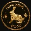 London Coins : A172 : Lot 446 : Hong Kong $1000 Gold 1987 Year of the Rabbit KM#58 Proof the obverse with a few very minor hairlines...
