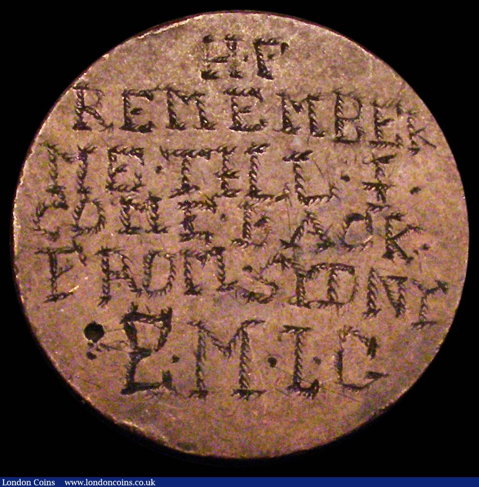 London Coins : A173 : Lot 1122 : Convict Token engraved on a 1799 Halfpenny the Obverse engraved HF REMEMBER ME . TILL . I . COME . B...