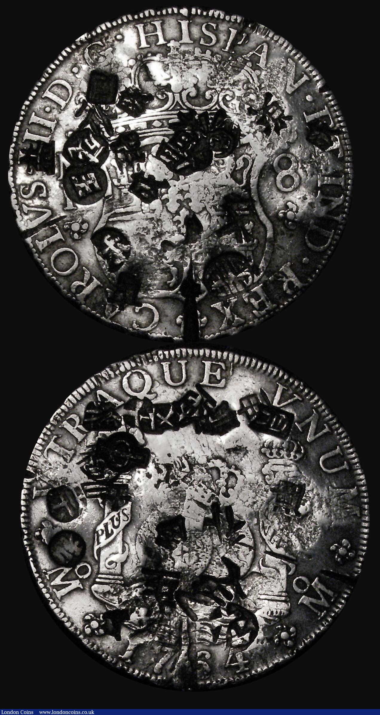 London Coins : A173 : Lot 1470 : Mexico 8 Reales (2) 1780 Mo FF KM#106.2 Near Fine, heavily chop marked, 1764 Mo MF KM#105 Near Fine,...