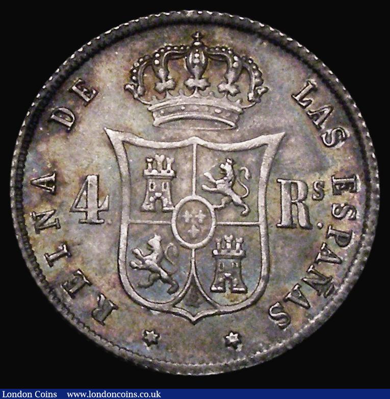 London Coins : A173 : Lot 1537 : Spain 4 Reales 1857 mintmark 6-pointed Star KM#608.2 GEF, attractively toned and lustrous 