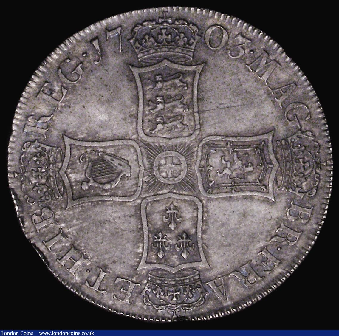 London Coins : A173 : Lot 1608 : Crown 1703 VIGO as ESC 99, Bull 1340, the R of TERTIO on edge overstruck, with the underlying letter...