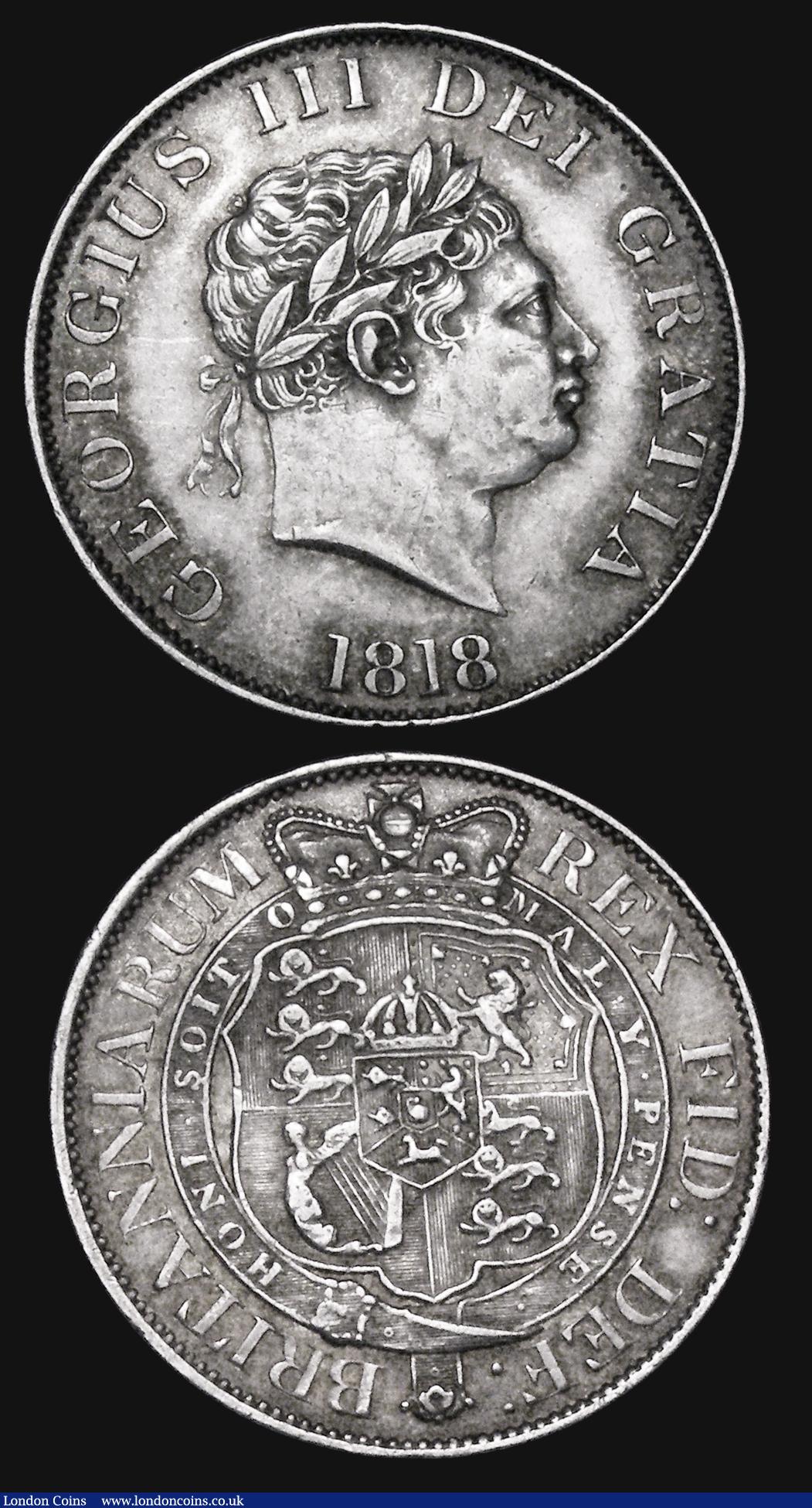 London Coins : A173 : Lot 1926 : Halfcrowns (2) 1818 ESC 621, Bull 2099 VF or better, possibly once cleaned, now with a pleasing gold...