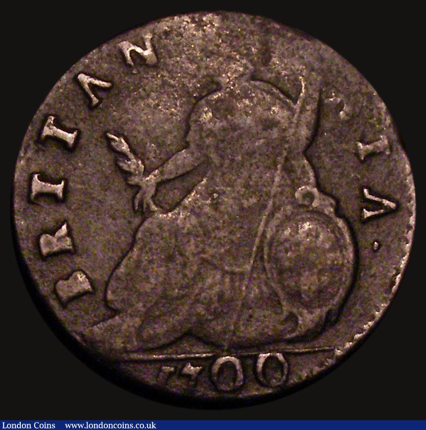 London Coins : A173 : Lot 1936 : Halfpenny 1700 an unusual error , Reverse legend reads BRTT&Lambda;NNI&Lambda;, so T for I in BRIT a...