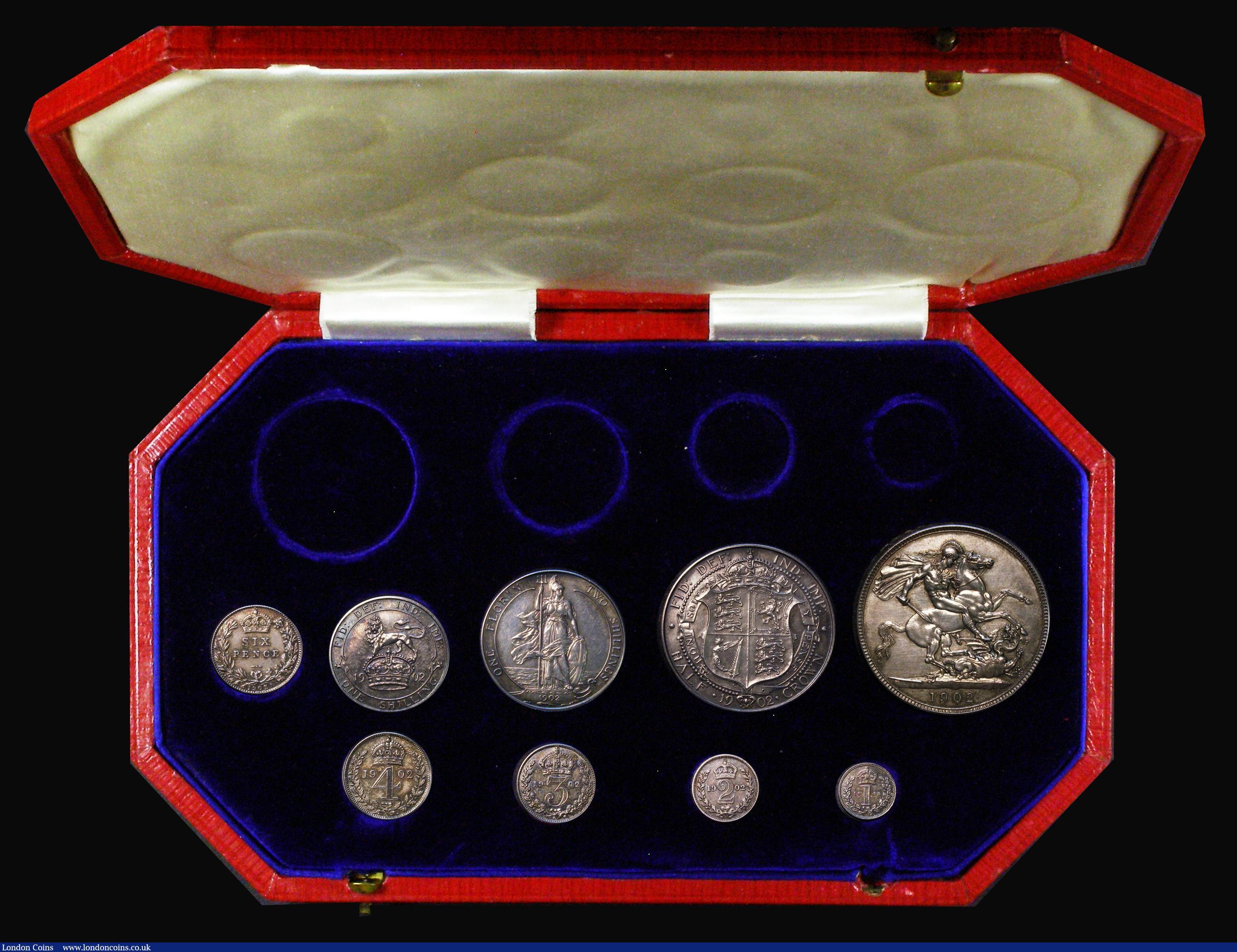 London Coins : A173 : Lot 417 : Proof Set 1902 a part set (9 coins) comprising Crown, Halfcrown, Florin, Shilling, Sixpence, and Mau...