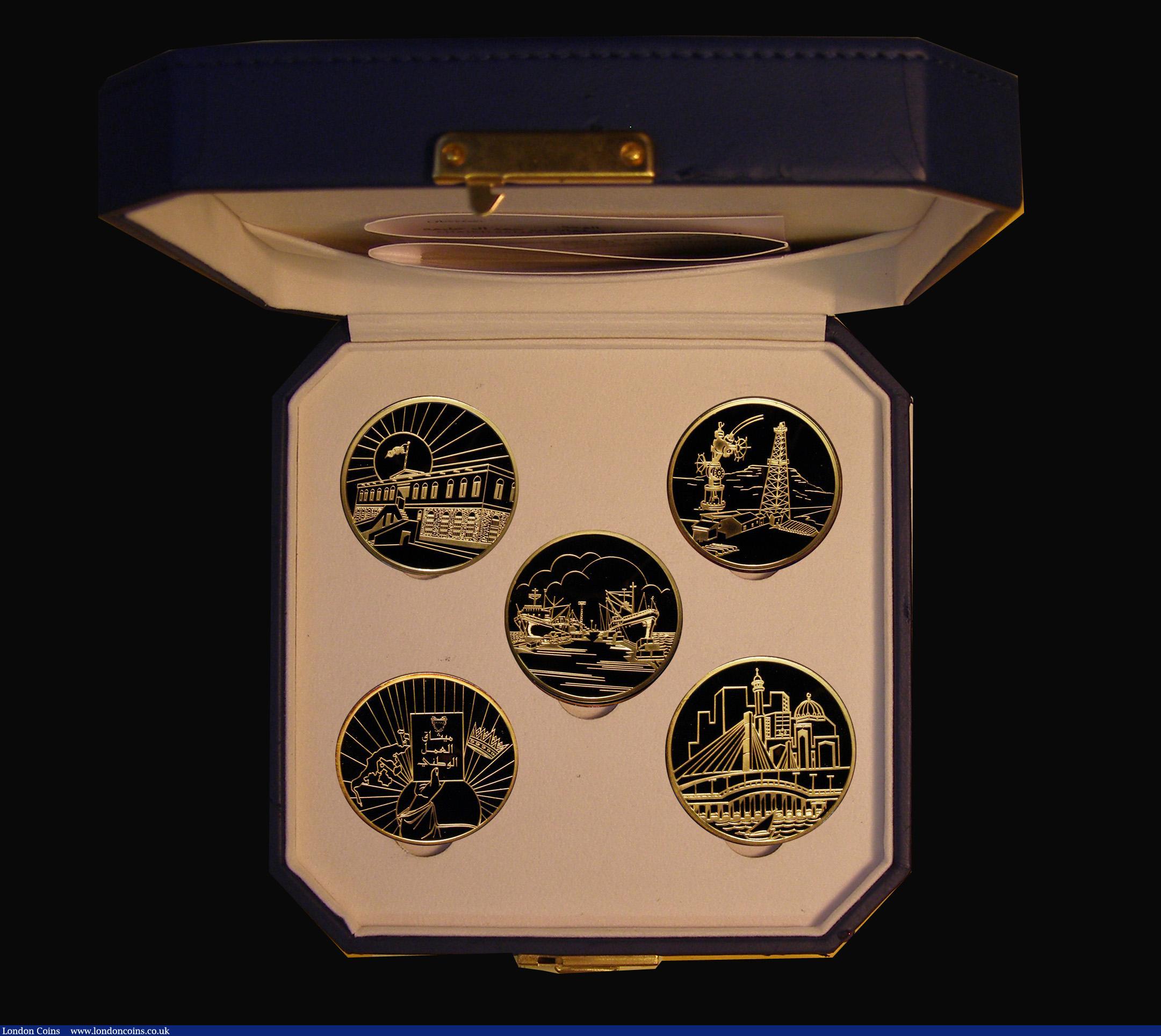 London Coins : A173 : Lot 626 : Bahrain The Great Bahraini Rulers 2004 five piece gold plated silver medal set Shaikh Isa Bin Ali Al...