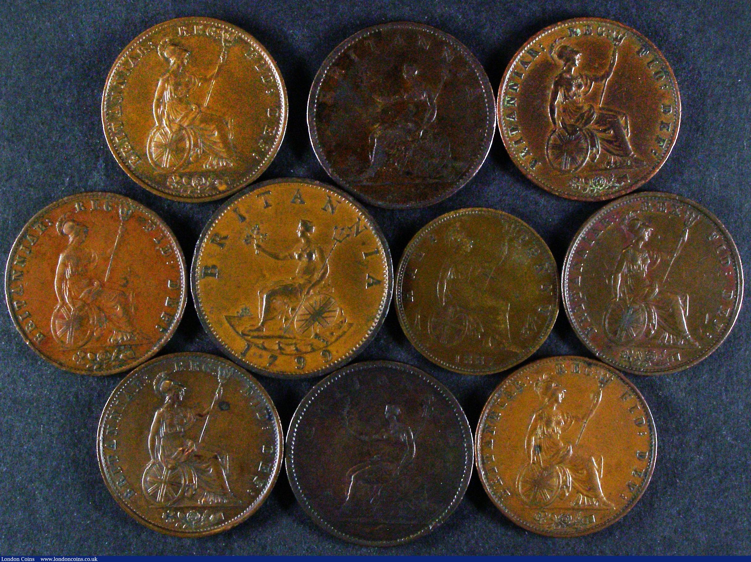 London Coins : A173 : Lot 838 : Halfpennies (10) 1799 5 Incuse Gunports Peck 1248 VF/NVF with some contact marks, 1806 3 Berries, Pe...