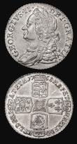 London Coins : A173 : Lot 2101 : Shillings (2) 1746 LIMA ESC 1206, Bull 1725 GF/NVF and bold but with graffiti in the reverse angles,...