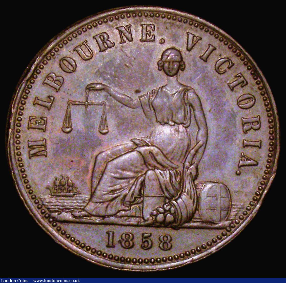 London Coins : A174 : Lot 1143 : Australia Penny Token 1858 Melbourne, Victoria, Hide & De Carle Obverse: Crowned Lion at centre,...