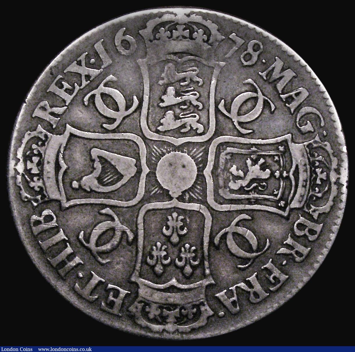 London Coins : A174 : Lot 1473 : Crown 1678 8 over 7 TRICESIMO edge, as ESC 55, Bull 402 with double struck A in MAG VG or better/app...