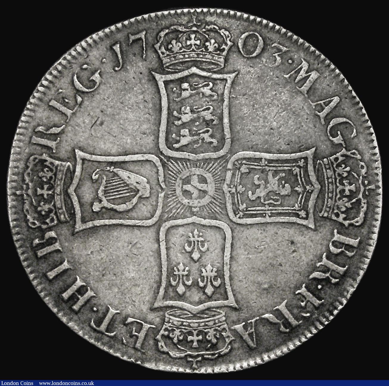 London Coins : A174 : Lot 1499 : Crown 1703 VIGO, TERTIO edge, ESC 99, Bull 1340 Good Fine