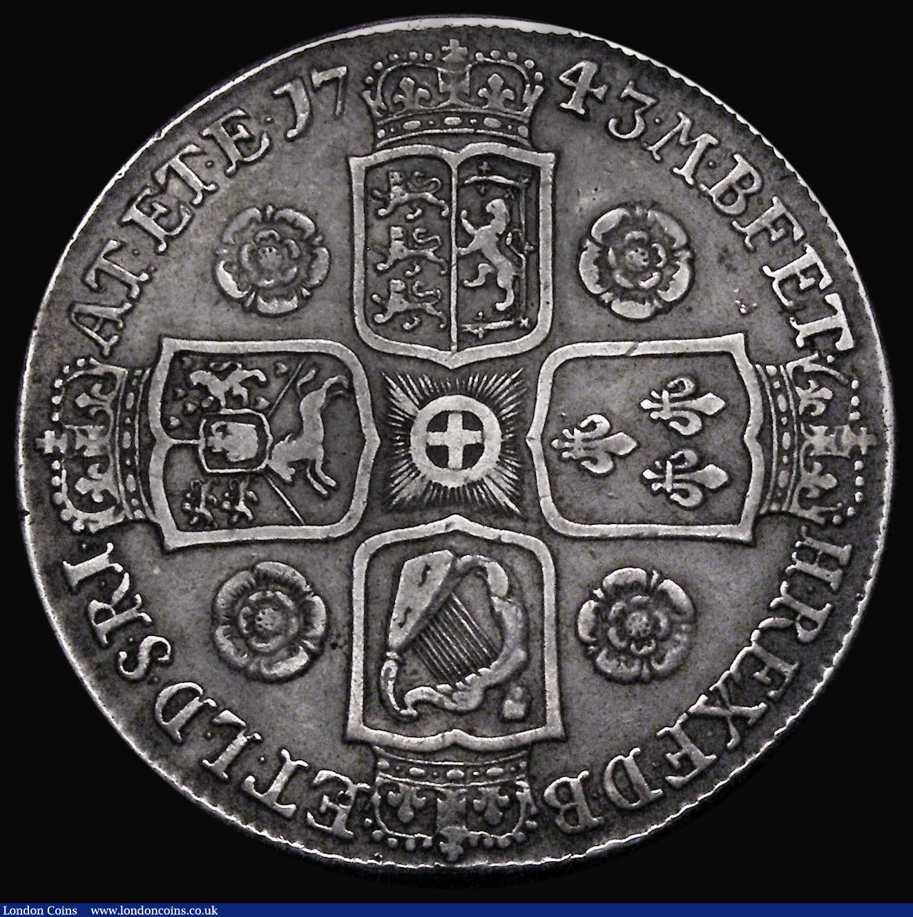 London Coins : A174 : Lot 1514 : Crown 1743 Roses, DECIMO SEPTIMO edge, ESC 124, Bull 1667 Fine/Good Fine with a slightly uneven, but...