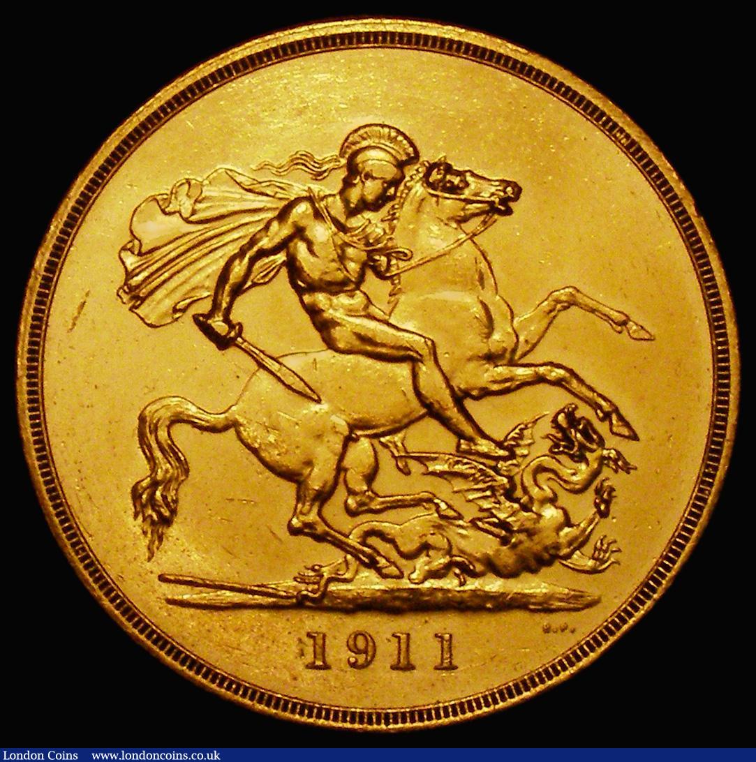 London Coins : A174 : Lot 1615 : Five Pounds 1911 Proof S.3994 EF with some light contact marks, only 2812 minted, an affordable exam...