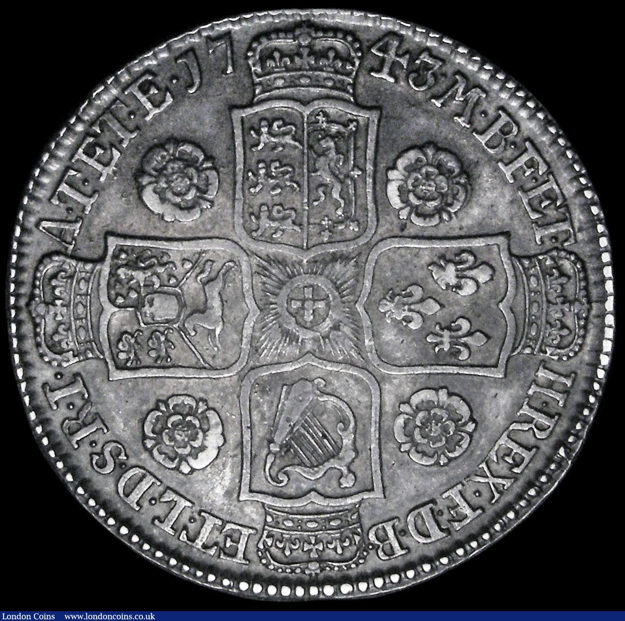 London Coins : A174 : Lot 1725 : Halfcrown 1743 Roses ESC 603A GVF and attractively toned