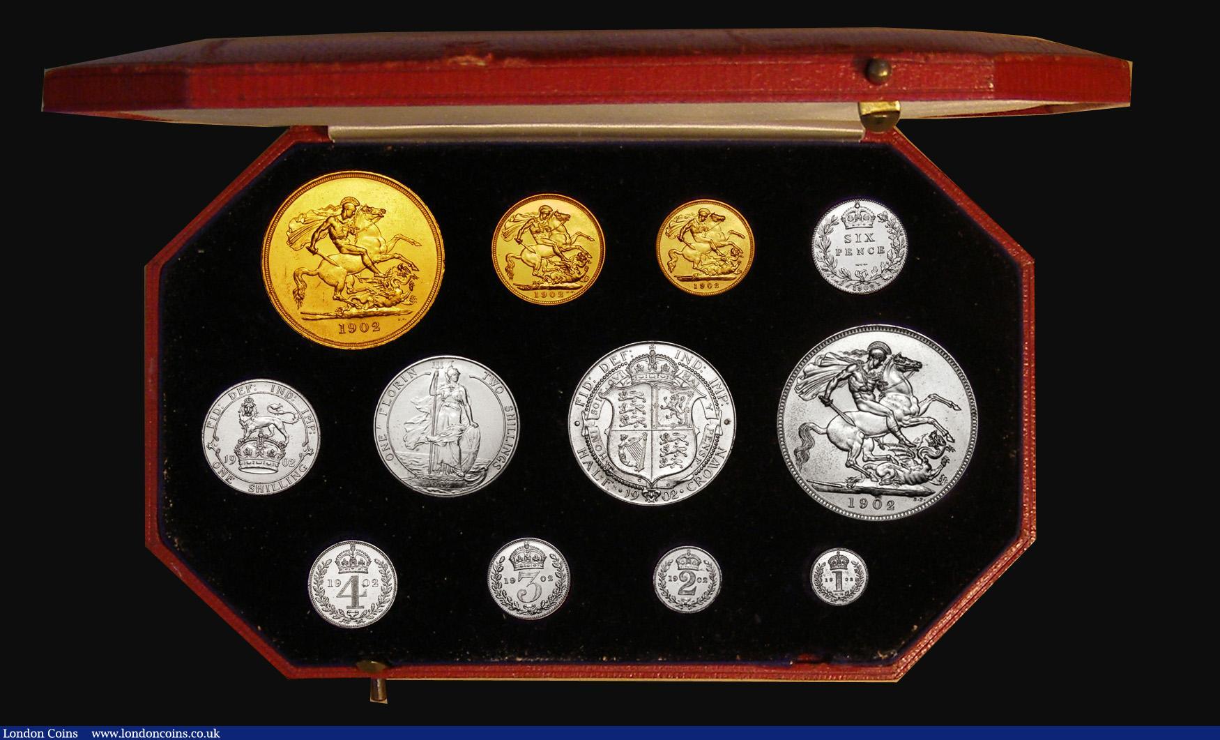 London Coins : A174 : Lot 174 : Proof Set 1902 short set Sovereign to Maundy Penny, Sovereign Bright UNC the obverse with a thin scr...