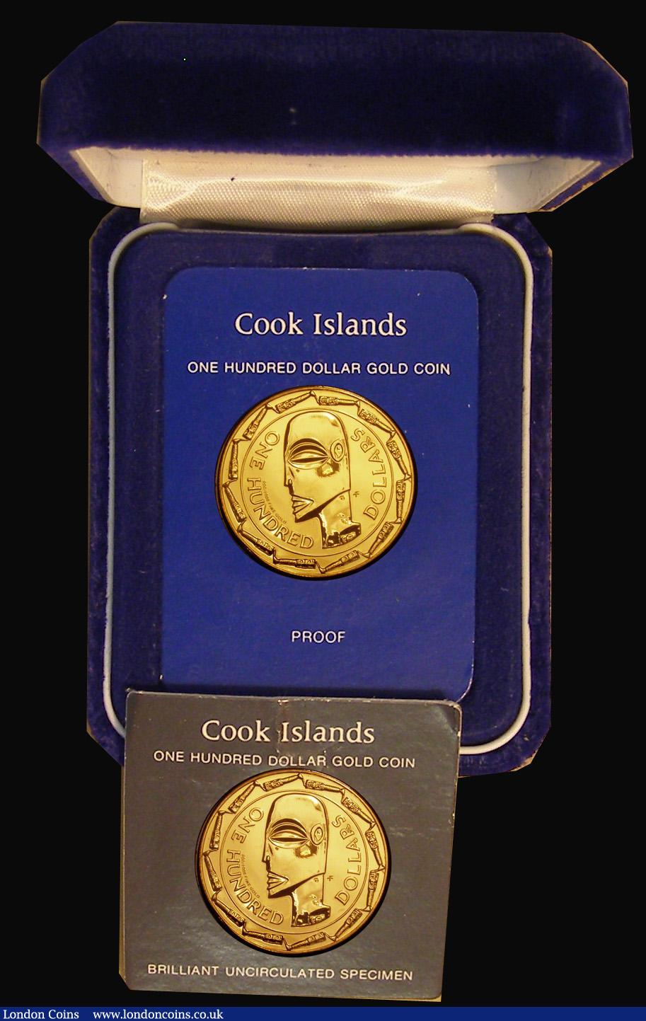 London Coins : A174 : Lot 557 : Cook Islands $100 Gold (2) 1979 The Mask of Tangaroa KM#25 Gold Proof FDC in the Franklin Mint box o...