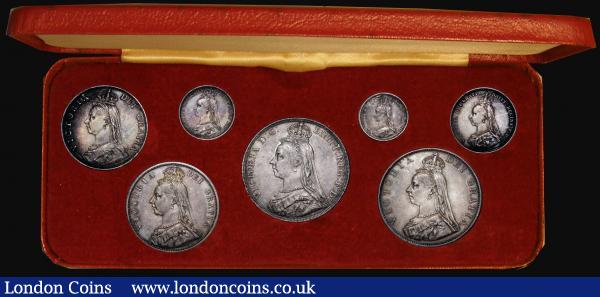 Victoria 1887 Golden Jubilee Silver Set (7 coins) Crown to Threepence comprising Crown 1887 GVF toned, Double Florin 1887 Roman 1 VF toned, Halfcrown 1887 VF toned, Florin 1887 VF/GVF toned, Shilling 1887 VF/GVF toned, Sixpence 1887 Withdrawn type, R over I in VICTORIA GVF toned, Threepence 1887 VF/GVF toned, in red fitted case : English Cased : Auction 174 : Lot 179