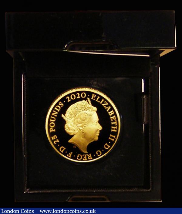 Twenty Five Pounds 2020 (Pop Group) Queen - Rock Royalty, One Quarter Ounce Gold Proof, with the innovative reverse design, including an arrangement of each of the instruments played by each band member, the design fittingly reflecting the grandiose nature of some of their greatest songs. Proof FDC in the Royal Mint box of issue with certificate. Only 1250 pieces were issued of the Gold Quarter Ounce in this presentation format. When issued by the Royal Mint, all the Queen Gold coins were quickly sold out, the series appealing to coin collectors and Queen fans alike : English Cased : Auction 174 : Lot 474