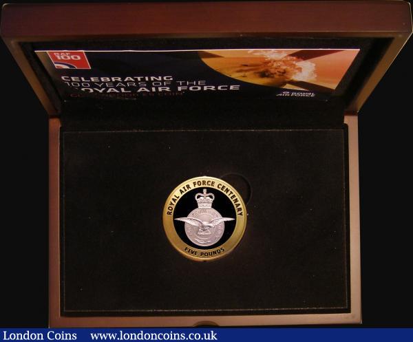 Guernsey Five Pounds 2018 RAF Centenary Gold Proof, the reverse showing the RAF badge with selective Rhodium plating, Proof FDC in the box of issue with certificate number 16 of a tiny mintage of just 100 pieces : World Cased : Auction 174 : Lot 593