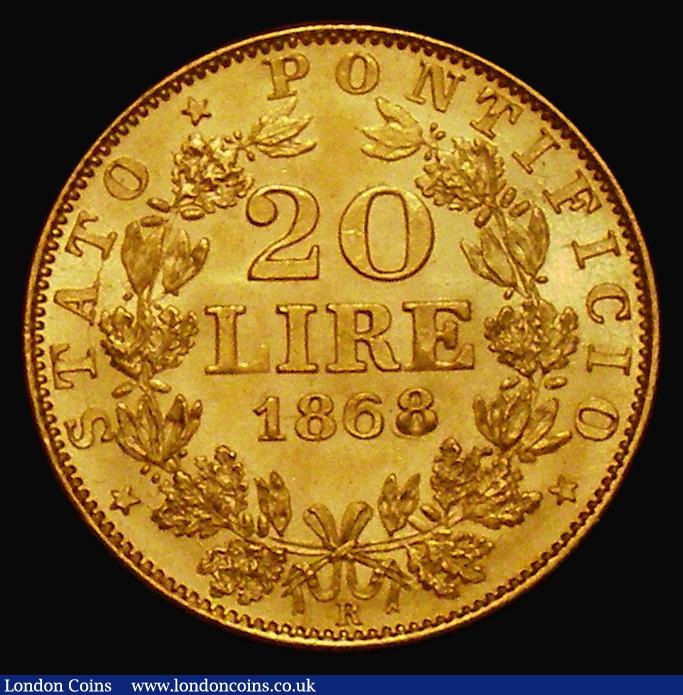 London Coins : A175 : Lot 1074 : Italian State - Papal States  20 Lire Gold 1868 XXIIIR Large Bust KM#1382.4 Lustrous UNC